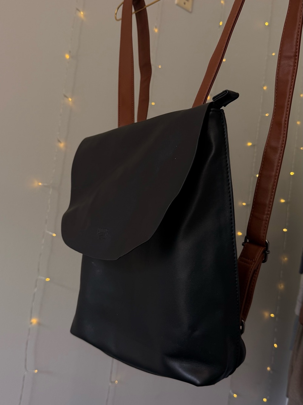 Roots Black Leather Backpack with Brown Straps | Brand New Excellent Condition